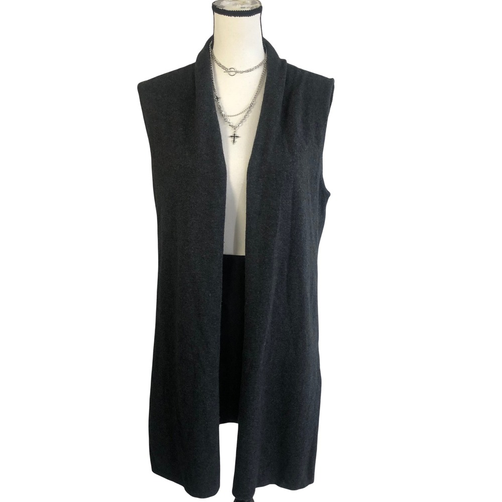 Max Studio 100% Cashmere Sleeveless Duster Cardigan Vest Womens M Charcoal Grey